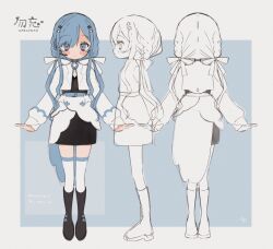 Rule 34 | 1girl, alt text, asymmetrical bangs, black footwear, black skirt, blue background, blue eyes, blue hair, boots, braid, closed mouth, commentary request, flower, full body, hair flower, hair ornament, hair ribbon, hashtag-only commentary, headset, highres, jacket, layered skirt, long hair, long sleeves, looking at viewer, low twintails, mochi (na si), multiple views, neck flower, open clothes, open jacket, original, outside border, ribbon, sidelocks, skirt, standing, thighhighs, twintails, white jacket, white ribbon, white skirt, white thighhighs