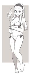 Rule 34 | 1girl, bangs pinned back, bare legs, barefoot, bikini, border, breasts, closed mouth, dragon quest, earrings, full body, greyscale, hairband, highres, holding, holding wand, jewelry, lamb-oic029, long hair, looking at viewer, medium breasts, monochrome, navel, senya (dq11), smile, solo, square enix, swimsuit, toenails, wand, white border