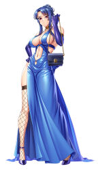 Rule 34 | 1girl, alternate costume, bare shoulders, blue gloves, blue hair, breasts, cleavage cutout, clothing cutout, collarbone, curvy, dress, elbow gloves, formal, gloves, hand on own hip, high ponytail, hime cut, kagami hirotaka, large breasts, lilith-soft, long hair, navel, navel cutout, no bra, official alternate costume, ponytail, red eyes, shiny skin, short dress, simple background, solo, taimanin (series), taimanin murasaki, taimanin rpgx, very long hair, wide-eyed, yatsu murasaki