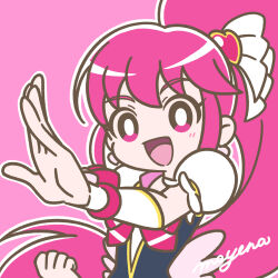 Rule 34 | 1girl, aino megumi, blush, bow, bright pupils, choker, cure lovely, earrings, eyelashes, fighting stance, hair ornament, happinesscharge precure!, heart, heart hair ornament, highres, jewelry, long hair, low wings, magical girl, mayena, open mouth, outline, outstretched arm, pink bow, pink eyes, pink hair, ponytail, precure, puffy short sleeves, puffy sleeves, short sleeves, signature, simple background, smile, solo, upper body, white outline, white pupils, wide ponytail, wings