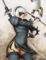 Rule 34 | 1girl, 2017, black dress, black gloves, black hairband, black ribbon, black thighhighs, blindfold, breasts, brian rivera, covered eyes, covered navel, cowboy shot, dated, dress, drone, floating, gloves, hairband, hands up, highres, holding, holding sword, holding weapon, juliet sleeves, katana, legs apart, leotard, lipstick, long sleeves, machine, machinery, makeup, medium breasts, nier:automata, nier (series), no mole, nose, panties, pantyshot, parted lips, pink lips, pod (nier:automata), puffy sleeves, ribbon, robot, short dress, short hair, side slit, signature, skin tight, solo, standing, swept bangs, sword, tassel, teeth, thighhighs, turtleneck, underwear, vambraces, weapon, weapon on back, white hair, white leotard, white panties, 2b (nier:automata)
