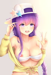 Rule 34 | 1girl, :d, arm up, bare shoulders, baseball cap, bb (fate), bb (fate) (all), bb (swimsuit mooncancer) (fate), bb (swimsuit mooncancer) (first ascension) (fate), bikini, blush, braid, breasts, cleavage, collarbone, endsmall min, fate/grand order, fate (series), front-tie top, gradient background, grey background, hair between eyes, hat, hat ornament, highres, jacket, long hair, long sleeves, medium breasts, navel, nipples, open mouth, purple eyes, purple hair, round teeth, sideways hat, signature, single braid, smile, solo, star (symbol), swimsuit, teeth, upper body, upper teeth only, v-shaped eyebrows, very long hair, white background, white bikini, white hair, yellow jacket