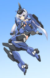 Rule 34 | 1girl, bare shoulders, black dress, black gloves, blue eyes, clenched hands, closed mouth, dress, elbow gloves, frame arms girl, full body, gloves, gradient background, grey hair, hair between eyes, headgear, highres, long hair, looking at viewer, mecha musume, shinjou satomi, short dress, smile, solo, split mouth, stylet, twintails, very long hair