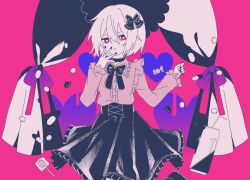 Rule 34 | 1girl, accelerator (toaru majutsu no index), albino, androgynous, black bow, black choker, black footwear, black nails, black skirt, bow, bright pupils, can, candy, choker, collared shirt, cowboy shot, curtains, drinking straw, expressionless, flat chest, flat color, food, frilled shirt, frilled skirt, frills, genderswap, genderswap (mtf), hair bow, hand on own face, hands up, hatching (texture), heart, heart-shaped pupils, high-waist skirt, leg up, limited palette, lolita fashion, lollipop, long sleeves, looking at viewer, monster energy, open mouth, pale skin, pill, pink background, red eyes, shirt, short hair, sinin p, skirt, solo, standing, suzushina yuriko, symbol-shaped pupils, toaru majutsu no index, white hair, white pupils