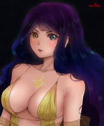 Rule 34 | 1girl, artist name, black background, blue eyes, blue hair, blush, breasts, cleavage, closed mouth, collarbone, crescent, facepaint, gradient hair, heart, heterochromia, highres, long hair, looking at viewer, lynasheet, matching hair/eyes, medium breasts, multicolored hair, original, purple hair, red lips, see-through, shiny skin, simple background, sleeveless, smile, solo, spaghetti strap, tattoo, upper body, very long hair, yellow eyes