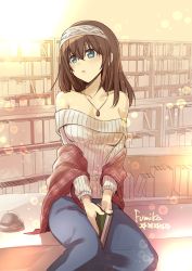 Rule 34 | 10s, 1girl, alpha (yukai na nakamatachi), blue dress, blue eyes, blurry, blush, bokeh, book, bookshelf, breasts, brown hair, character name, cleavage, collarbone, commentary, depth of field, dress, gem, hair between eyes, hairband, holding, holding book, idolmaster, idolmaster cinderella girls, jewelry, large breasts, library, necklace, off shoulder, parted lips, ribbed sweater, sagisawa fumika, shawl, sitting, solo, star (symbol), sweater, v arms