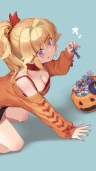 Rule 34 | 1girl, :q, arm support, blonde hair, blue background, bra, breasts, candy, cleavage, commentary request, food, hair between eyes, hair ornament, halloween, highres, holding, holding candy, holding food, jack-o&#039;-lantern, long sleeves, medium breasts, mitake eil, orange sweater, original, ponytail, purple eyes, red bra, solo, sweater, tongue, tongue out, underwear