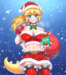 Rule 34 | 1girl, abs, bare shoulders, bell, bell earrings, black collar, blonde hair, blue eyes, blush, bowsette, bracelet, breasts, breath, burbur, christmas, cleavage, collar, collarbone, covered erect nipples, cowboy shot, crop top, earrings, fingernails, forked eyebrows, fur trim, gift, gluteal fold, grin, hat, high ponytail, holding, holding gift, horns, impossible clothes, jewelry, large breasts, long hair, looking at viewer, mario (series), midriff, miniskirt, nail polish, navel, neck bell, new super mario bros. u deluxe, nintendo, over shoulder, pointy ears, ponytail, red nails, sack, santa costume, santa hat, sharp fingernails, sharp teeth, sidelocks, skirt, smile, snowing, solo, spiked bracelet, spiked collar, spiked shell, spiked tail, spiked thighlet, spikes, stomach, strapless, tail, teeth, thighhighs, thighlet, toned, turtle shell, watermark