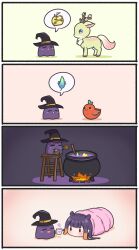Rule 34 | 1girl, 3others, 4koma, absurdres, apple, bird, blanket, blue feathers, blunt bangs, campfire, cauldron, chibi, chicken, comic, commentary, cookie, cup, english commentary, fang, feathers, fire, food, fruit, golden apple, gradient hair, hat, heart, highres, holding, holding cookie, holding cup, holding food, hololive, hololive english, kotori (takanashi kiara), ladder, long hair, mole, mpien, multicolored hair, multiple others, nemu (ceres fauna), ninomae ina&#039;nis, open mouth, orange hair, pointy ears, purple hair, sidelocks, silent comic, speech bubble, spoken object, stepladder, sweatdrop, takodachi (ninomae ina&#039;nis), tentacle hair, virtual youtuber, witch hat