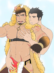 Rule 34 | 2boys, abs, animal hood, bara, bare pectorals, beard, black hair, blush, boar hood, body fur, brown hair, bulge, chest harness, clothing cutout, couple, erection, erection under clothes, facial hair, grabbing, groping, gullinbursti (housamo), hand on another&#039;s penis, harness, highres, hood, large pectorals, long sideburns, male focus, manly, protagonist 3 (housamo), multiple boys, muscular, navel, nipples, open mouth, pectoral grab, pectorals, porkjinta, short hair, sideburns, simple background, sweat, thick eyebrows, thigh cutout, tokyo houkago summoners, topless male, upper body, yaoi