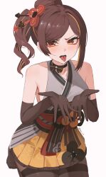 Rule 34 | 1girl, absurdres, bare shoulders, black choker, black gloves, blush, brown eyes, brown hair, chiori (genshin impact), choker, commentary, elbow gloves, genshin impact, gloves, grey kimono, hair ornament, hair stick, highres, japanese clothes, kimono, long hair, looking at viewer, miniskirt, nvl, obi, open mouth, pantyhose, ponytail, red sash, sash, seiza, sidelocks, sitting, skirt, sleeveless, sleeveless kimono, solo, swept bangs, tongue, tongue out, yellow skirt