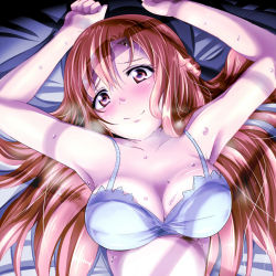 Rule 34 | 10s, 1girl, armpits, arms up, asuna (sao), bad id, bad pixiv id, blue background, blush, breasts, brown eyes, brown hair, cleavage, collarbone, kayama kenji, large breasts, long hair, looking at viewer, lying, on back, reki 48, shadow, smile, solo, sweat, sword art online, upper body