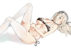 Rule 34 | 1girl, bad id, bad pixiv id, bikini, black bikini, blonde hair, blue eyes, blush, breasts, cleavage, closed mouth, frills, heterochromia, highres, large breasts, legs up, long hair, looking at viewer, lying, maid, maid bikini, maid headdress, navel, on back, original, sabet (young ouo), side-tie bikini bottom, silver hair, simple background, solo, swimsuit, thighhighs, thighs, unconventional maid, white background, white thighhighs, yellow eyes