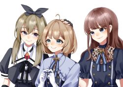 Rule 34 | 3girls, ahoge, amahara nue, arm at side, arm up, assault lily, black bow, black gloves, black ribbon, black shirt, blue eyes, blue ribbon, blunt bangs, bow, brown hair, closed mouth, commentary request, cropped jacket, elbow gloves, fingerless gloves, frilled shirt, frilled sleeves, frills, futagawa fumi, gloves, green hair, grey shirt, grin, hair between eyes, hair bow, hand on another&#039;s head, hands up, highres, jewelry, kaede johan nouvel, long hair, long sleeves, looking ahead, looking at another, looking to the side, low ponytail, low twintails, multiple girls, neck ribbon, necklace, official alternate costume, own hands together, parted lips, pendant, ponytail, puffy short sleeves, puffy sleeves, purple eyes, ribbon, school uniform, shirt, short sleeves, side-by-side, sidelocks, sideways glance, simple background, smile, tearing up, twintails, two-tone ribbon, two-tone shirt, underbust, upper body, white background, white gloves, white shirt, yamanashi hibari, yurigaoka girls academy school uniform