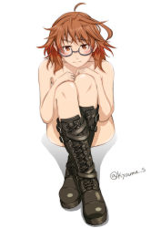 Rule 34 | araki hina, belt boots, black footwear, boots, brown hair, combat boots, cross-laced footwear, expressionless, glasses, highres, idolmaster, idolmaster cinderella girls, knee boots, lace-up boots, legs together, looking at viewer, nude, simple background, sitting, solo, white background