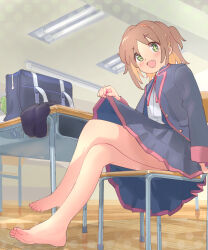 Rule 34 | + +, 1girl, :d, bag, bare legs, barefoot, black jacket, black skirt, blush, brown hair, chair, classroom, clothes lift, colored inner hair, commentary, crossed legs, desk, fang, feet, flesh fang, full body, green eyes, highres, indoors, jacket, kyarahiba, legs, long sleeves, looking at viewer, multicolored hair, neck ribbon, oka asahi, on chair, onii-chan wa oshimai!, open mouth, orange hair, red ribbon, ribbon, school bag, school chair, school desk, school uniform, short hair, sitting, skirt, skirt lift, smile, toes, two-tone hair, two side up