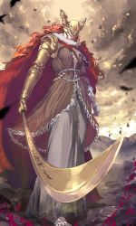 Rule 34 | 1girl, armor, cape, closed mouth, covered eyes, dress, elden ring, gold armor, helmet, highres, holding, holding sword, holding weapon, long hair, malenia blade of miquella, mechanical arms, prosthesis, prosthetic arm, red cape, red hair, simple background, single mechanical arm, solo, sword, taka.yana, very long hair, weapon, winged helmet