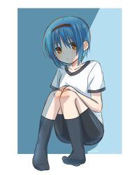 Rule 34 | 1girl, artist name, black shorts, black socks, blue background, blue hair, blush, border, closed mouth, commentary, frown, full body, gym uniform, hair between eyes, hairband, kneehighs, knees together feet apart, knees up, little busters!, looking at viewer, micchi (koto maple), nishizono mio, no shoes, red hairband, shirt, short hair, short sleeves, shorts, simple background, sitting, socks, solo, white border, white shirt, yellow eyes