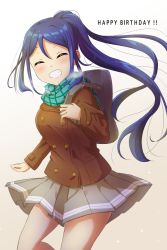 1girl arm_up bag blue_hair breasts breath brown_coat closed_eyes coat commentary_request cowboy_shot facing_viewer grabbing green_scarf grey_skirt grin hair_between_eyes happy_birthday large_breasts leg_up long_hair long_sleeves love_live! love_live!_sunshine!! matsuura_kanan plaid_clothes plaid_scarf pleated_skirt ponytail qy73 scarf school_bag school_uniform simple_background skirt smile solo teeth white_background