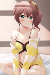 Rule 34 | absurdres, ahoge, bare shoulders, blush, brown hair, camisole, collarbone, frilled camisole, frills, green eyes, hair between eyes, highres, hololive, indian style, jacket, looking at viewer, natsuiro matsuri, natsuiro matsuri (matsuri&#039;s day off), orange shorts, scrunchie, short hair, short shorts, shorts, side ponytail, sitting, solo, spaghetti strap, stomach, strap slip, striped clothes, striped jacket, virtual youtuber, yellow camisole, yellow jacket, yellow scrunchie, yumemo