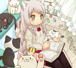 Rule 34 | 1girl, animal ears, black pantyhose, blush, book, braid, bug, butterfly, cat, cat ears, cat tail, flower, grey hair, insect, long hair, looking at viewer, mizuno mumomo, mouse (animal), open book, open mouth, original, pantyhose, ribbon, rose, sitting, skirt, solo, sweater, tail, twin braids, yellow eyes