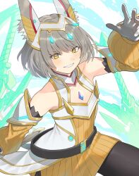 Rule 34 | 1girl, aegis sword (xenoblade), animal ears, blunt bangs, blush, cat ears, chest jewel, core crystal (xenoblade), detached sleeves, facial mark, flat chest, gloves, grey hair, grin, highres, kinagi (3307377), looking at viewer, nia (xenoblade), official alternate costume, puffy sleeves, short hair, smile, solo, xenoblade chronicles (series), xenoblade chronicles 3, yellow eyes