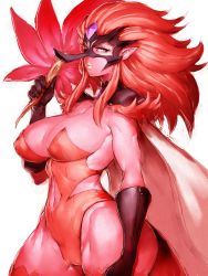 Rule 34 | 1girl, bare shoulders, big hair, breasts, cameltoe, cape, character request, cleavage, colored skin, cowboy shot, fumio (rsqkr), gloves, hand fan, highres, large breasts, leotard, long hair, looking at viewer, mask, navel, pointy ears, precure, red hair, simple background, solo, star twinkle precure, tengu mask, tenjou (precure), thick thighs, thighhighs, thighs, white background, wide hips, yellow eyes, zipper