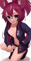 Rule 34 | 1girl, ?, animal ear fluff, animal ears, belt, blue eyes, blue jacket, borrowed character, breasts, commentary, commission, english commentary, english text, full body, glasses, hair between eyes, hand in pocket, highres, jacket, long sleeves, looking at viewer, medium breasts, mole, mole on breast, mouse ears, mouse girl, mouse tail, naked jacket, navel, no pants, open mouth, original, ponytail, red hair, round eyewear, shoes, short hair, sneakers, solo, squatting, tail, watermark, white background, yoako