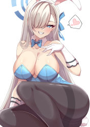 Rule 34 | 1girl, animal ears, arm support, asuna (blue archive), asuna (bunny) (blue archive), bare shoulders, black pantyhose, blue archive, blue eyes, blush, bow, bowtie, breasts, cleavage, collarbone, commentary request, detached collar, fake animal ears, gloves, grin, hair over one eye, halo, headband, heart, highres, large breasts, leotard, long hair, looking at viewer, mole, mole on breast, nanao (naoekaki25), pantyhose, playboy bunny, rabbit ears, rabbit tail, silver hair, simple background, sitting, smile, solo, speech bubble, strapless, strapless leotard, tail, thighband pantyhose, traditional bowtie, white background, white gloves, wrist cuffs