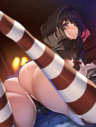 Rule 34 | 1girl, ass, black capelet, black panties, braid, brown eyes, brown hair, cameltoe, capelet, cosplay, elbow gloves, from below, g-string, gloves, hair ribbon, highres, hood, hood up, hooded capelet, kantai collection, looking at viewer, microskirt, panties, pleated skirt, red ribbon, ribbon, shimakaze (kancolle), shimakaze (kancolle) (cosplay), shinshuu maru (kancolle), shiny clothes, skirt, solo, striped clothes, striped thighhighs, thighhighs, thong, torisan, twin braids, underwear, upskirt