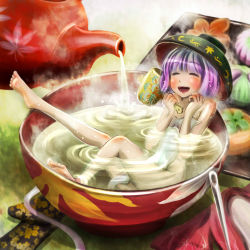 Rule 34 | 1girl, :d, ^ ^, barefoot, bathing, blush, bowl, bowl hat, closed eyes, unworn clothes, cup, feet, hammer, hat, highres, in bowl, in container, jiraiken, mini person, minigirl, naked towel, needle, nude, open mouth, purple hair, smile, solo, steam, sukuna shinmyoumaru, teacup, teapot, touhou, towel