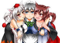 Rule 34 | 3girls, :&lt;, animal ears, blue eyes, blush, braid, breasts, brooch, brown eyes, brown hair, cleavage, collarbone, detached sleeves, dress, fang, grabbing, grabbing another&#039;s breast, grey hair, hand on breast, hat, highres, imaizumi kagerou, inubashiri momiji, izayoi sakuya, jewelry, large breasts, leaning forward, long hair, long sleeves, looking at viewer, maid, maid headdress, multiple girls, one eye closed, open mouth, red eyes, ribbon, short hair, simple background, tail, tears, tokin hat, touhou, twin braids, white background, wolf ears, wolf tail, yazuki gennojou