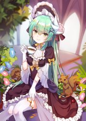 Rule 34 | 1girl, alternate costume, aqua hair, blurry, blush, bonnet, cup, depth of field, dress, fate/grand order, fate (series), frills, gloves, gothic lolita, horns, kiyohime (fate), lolita fashion, long hair, looking at viewer, open mouth, smile, smile (mm-l), solo, squirrel, teacup, thighhighs, white gloves, white thighhighs, yellow eyes