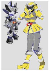 Rule 34 | 1boy, 1girl, animal ears, animification, armored skirt, avataro sentai donbrothers, belt, black bodysuit, black footwear, black gloves, black pants, bodysuit, boots, breasts, commentary request, dog ears, full body, gloves, grey background, hand on own hip, highres, horns, ichitaka (1015ichitaka), inubrother, large breasts, oni, oni horns, oni sister, pants, rabbit pose, shiba inu, size difference, skirt, stylistic, sunglasses, super sentai, tokusatsu, yellow footwear, yellow gloves