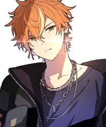 Rule 34 | 1boy, absurdres, black jacket, blonde hair, blue shirt, chain, chain necklace, collarbone, green eyes, highres, hoshi-toge, jacket, jewelry, looking at viewer, male focus, multicolored hair, necklace, orange hair, parted lips, pocket, project sekai, shinonome akito, shirt, simple background, solo, streaked hair, the power of unity (project sekai), upper body, white background
