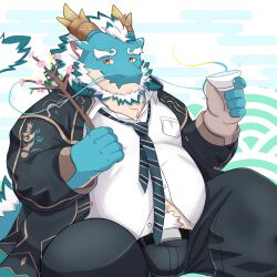 Rule 34 | 1boy, absurdres, aqua skin, bara, beard, belly, branch, bulge, cherry blossoms, cup, dragon boy, dragon horns, facial hair, fang, fat, fat man, feet out of frame, full beard, furry, furry male, highres, holding, holding branch, holding cup, horns, huge eyebrows, light smile, long mustache, male focus, mature male, multicolored hair, mustache, nyaoru (ruoain), obese, partially unbuttoned, qinglong (housamo), sakazuki, sitting, skin fang, solo, spread legs, thick beard, thick navel hair, tokyo houkago summoners, two-tone beard, two-tone hair