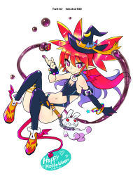 Rule 34 | alternate costume, alternate hairstyle, asymmetrical gloves, bracelet, chain, demon girl, demon tail, demon wings, disgaea, earrings, etna (disgaea), flat chest, gloves, halloween, hat, hekaton, highres, jewelry, long hair, moon (ornament), pointy ears, red eyes, red hair, smile, solo, stuffed toy, tail, thighhighs, uneven gloves, wings, witch hat