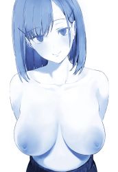 Rule 34 | 1girl, arms behind back, asymmetrical bangs, blue theme, blush, breasts, breasts apart, collarbone, hair ornament, hairpin, head tilt, highres, large areolae, large breasts, looking at viewer, medium hair, midriff, mizuta marixxx, original, simple background, smile, solo, upper body