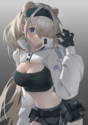 Rule 34 | 1girl, absurdres, animal ears, arknights, aurora (arknights), aurora (elite ii) (arknights), bear ears, bear girl, black bag, black hairband, black shirt, black shorts, blue eyes, blush, breasts, cleavage, crop top, cropped jacket, extra ears, fangkuai, gradient background, grey background, grey hair, hair ornament, hair over one eye, hairband, hairclip, hand up, highres, jacket, large breasts, long hair, long sleeves, looking at viewer, one eye covered, pouch, shirt, short shorts, shorts, simple background, smile, solo, upper body, very long hair, white jacket