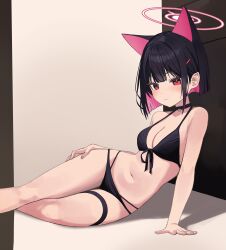 Rule 34 | 1girl, absurdres, animal ears, bare arms, bare legs, bare shoulders, bikini, black bikini, black hair, blue archive, breasts, cat ears, cleavage, colored inner hair, extra ears, halo, highres, kazusa (blue archive), medium breasts, momocadraw, multicolored hair, navel, pink hair, pink halo, red eyes, short hair, solo, swimsuit