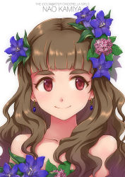 Rule 34 | 1girl, bare shoulders, blunt bangs, brown hair, closed mouth, earrings, facing viewer, flower, flower on head, idolmaster, idolmaster cinderella girls, jewelry, kamiya nao, long hair, looking to the side, red eyes, satomura kyou, simple background, smile, solo, thick eyebrows, upper body, wavy hair, white background