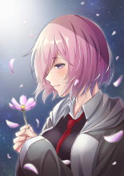 Rule 34 | 1girl, absurdres, bad id, bad pixiv id, black shirt, blush, fate/grand order, fate (series), floating hair, flower, furan (pixiv20237436), grey jacket, highres, holding, holding flower, hood, hooded jacket, jacket, mash kyrielight, necktie, open clothes, open jacket, own hands clasped, own hands together, petals, pink flower, pink hair, purple eyes, red necktie, shirt, short hair, solo, upper body