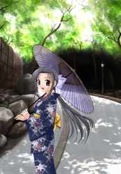 Rule 34 | 1girl, bow, brown eyes, dappled sunlight, from side, grey hair, hair bow, japanese clothes, long hair, oil-paper umbrella, parted bangs, smile, solo, standing, sunlight, umbrella