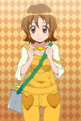 Rule 34 | 10s, 1girl, argyle, argyle background, argyle clothes, bag, blush, brown eyes, brown hair, candy, clenched hand, eyelashes, food, gradient background, handbag, happinesscharge precure!, happy, heart, looking at viewer, oomori yuuko, overalls, precure, short hair, simple background, smile, solo, standing, tareme, tj-type1