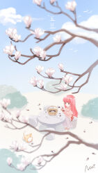 1girl all_fours animal artist_request badminton basket bird blue_sky blunt_bangs blush_stickers bow bowtie branch brown_eyes bush capelet cat cherry_blossoms chibi chinese_commentary chinese_text closed_mouth clothed_animal cloud commentary_request copyright_name crafting cross-laced_sweater day dot_nose ear_covers eyelashes flower grey_skirt happy highres hood hood_up hooded_capelet light_particles long_hair long_skirt long_sleeves looking_at_object momo_(nikki) nikki_(nikki) nikki_(series) official_art on_stool orange_bow orange_bowtie outdoors pink_flower pink_footwear pink_hair pink_sweater pleated_skirt red_ribbon ribbon second-party_source shining_nikki shoes sidelocks simple_bird sitting skirt sky smile solid_oval_eyes spring_(season) sweater table translation_request turtleneck turtleneck_sweater very_long_hair wavy_hair whiskers white_bird white_cat yellow_capelet