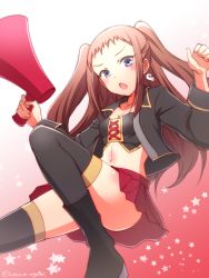 Rule 34 | 10s, 1girl, black footwear, black thighhighs, blue eyes, boots, breasts, brown hair, cleavage, collarbone, convenient leg, cross-laced clothes, earrings, holding, idolmaster, idolmaster cinderella girls, jewelry, koseki reina, long hair, looking at viewer, megaphone, ookami maito, open mouth, pleated skirt, red skirt, skirt, skull earrings, small breasts, solo, thighhighs, two side up