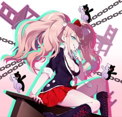 Rule 34 | 1girl, absurdres, bad id, bad pixiv id, black footwear, black shirt, blonde hair, boots, bow, breasts, chain, chair, cleavage, danganronpa: trigger happy havoc, danganronpa (series), danganronpa 3 (anime), enoshima junko, from side, green eyes, hair bow, hair ornament, highres, knee boots, large breasts, long hair, miniskirt, monokuma, nail polish, necktie, nipples, no bra, pleated skirt, rabbit hair ornament, red nails, red skirt, shirt, short sleeves, sinx, sitting, skirt, smile, solo, table, twintails, white necktie