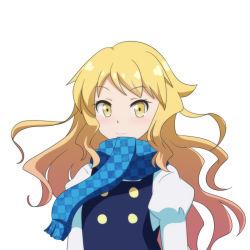 Rule 34 | 1girl, arms at sides, black vest, blonde hair, blue scarf, cato (monocatienus), checkered clothes, checkered scarf, commentary request, juliet sleeves, kirisame marisa, long hair, long sleeves, looking at viewer, no headwear, no headwear, puffy sleeves, scarf, shirt, simple background, smile, solo, standing, touhou, unmoving pattern, upper body, very long hair, vest, white background, white shirt, yellow eyes