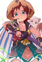 Rule 34 | 1boy, animal, animal on shoulder, blue eyes, child, commentary, coppa, english commentary, ferret, from below, fuurai no shiren, grass, hat, highres, holding, japanese clothes, looking at viewer, male focus, mouth hold, nemui (nemuriyagi), red hair, shiren (fuurai no shiren), simple background, sword, weapon, white background