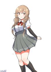 Rule 34 | 1girl, absurdres, arm warmers, black socks, bow, bowtie, braid, cloud hair ornament, collared shirt, dress shirt, grey skirt, highres, kantai collection, light brown hair, long hair, looking at viewer, low twin braids, minegumo (kancolle), one-hour drawing challenge, plaid, plaid bow, plaid bowtie, pleated skirt, red bow, red bowtie, red eyes, robinson (day l full), shirt, simple background, skirt, socks, solo, standing, suspender skirt, suspenders, twin braids, white background, white shirt
